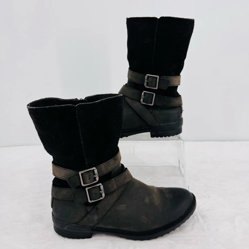 Ugg Lorna Black Boots Waterproof Genuine Leather Wool Lined 8.5” Shaft Size 8.5